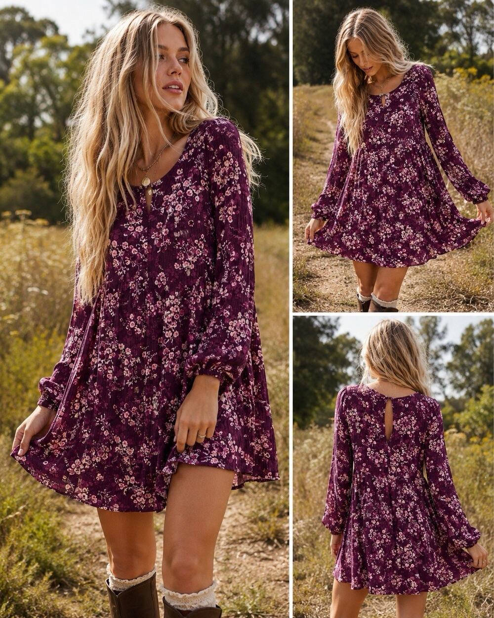 Aeropostale Purple Floral Babydoll Dress Sz M Fairy Romantic Cottage Boho Ditsy
